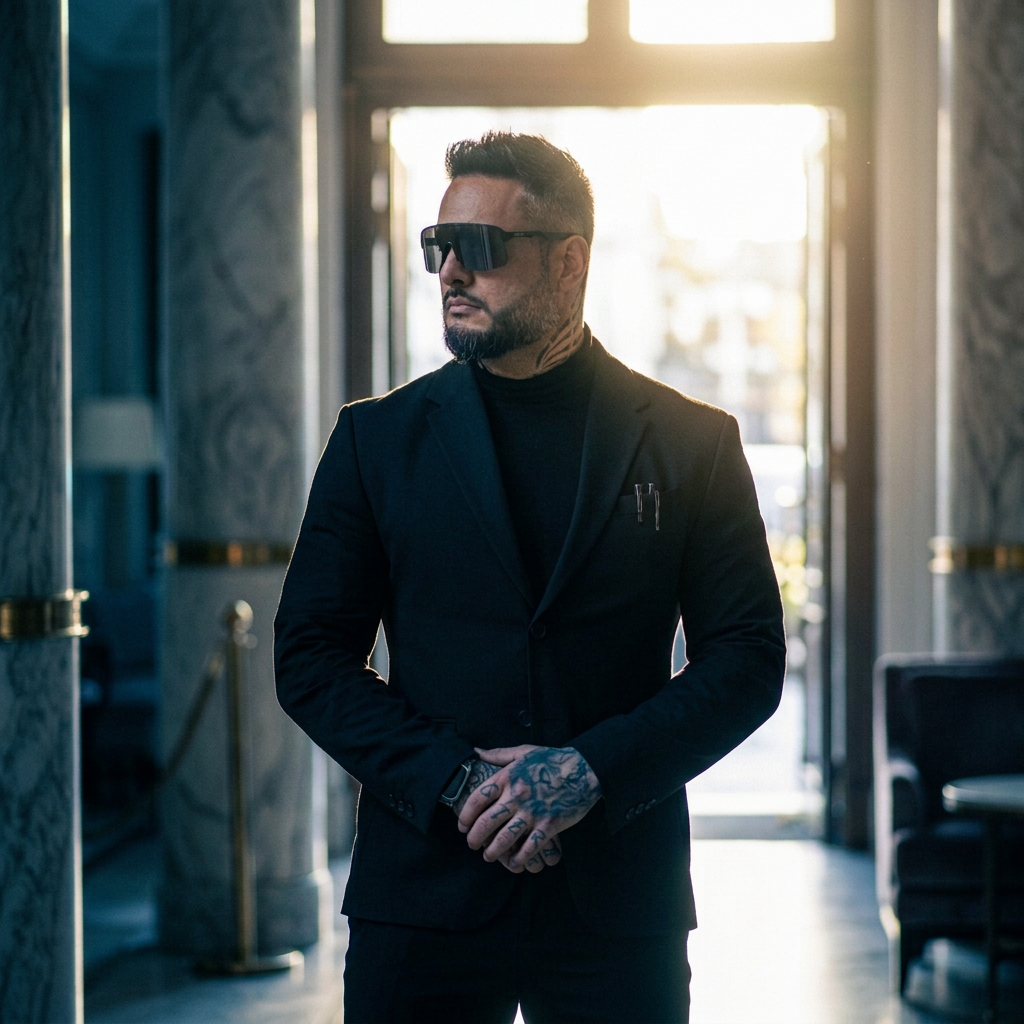 Close protection officer in a hotel lobby, representing PROTEKTEC's professional origin
